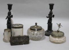 A pair of 19th century French black-painted cast iron candlesticks, sundry silver and plate-