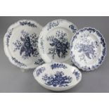 A Worcester pine cone pattern blue and white wares - a strainer and three plates, c.1770-5, all with