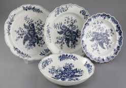 A Worcester pine cone pattern blue and white wares - a strainer and three plates, c.1770-5, all with