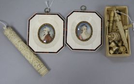 A pair of ivory and tortoiseshell miniature frames and sundry ivory and bone items, including a