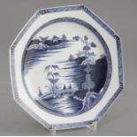 A Richard Chaffers Liverpool blue and white octagonal plate, c.1760, painted with two figures on a