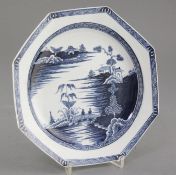 A Richard Chaffers Liverpool blue and white octagonal plate, c.1760, painted with two figures on a