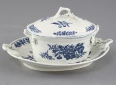 A Worcester rose-centred spray group blue and white butter tub, cover and stand, c.1770, cross hatch