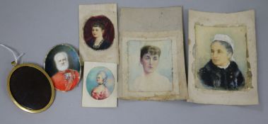 A group of five unframed miniature portraits, watercolour on ivory mounted on card (generally warped