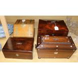 A William IV mother of pearl-inlaid rosewood sarcophagus tea caddy and three other boxes,