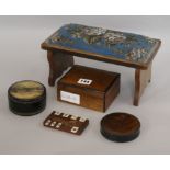 Two lacquer boxes, a Shibayama bezique mark and another box, and a beadwork stool
