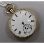 A Victorian 18ct gold keyless pocket watch, with subsidiary seconds.