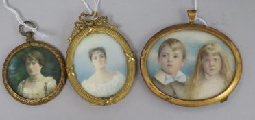 Three gilt-framed miniature portraits, two Edwardian, comprising an oval portrait of two children,