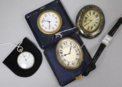 A Swiss gilt metal travel alarm clock in folding leather case and four other items, including an Art