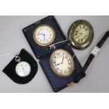 A Swiss gilt metal travel alarm clock in folding leather case and four other items, including an Art