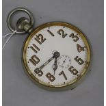 An oversized Goliath eight-day pocket watch, in nickel case with white Arabic dial, gold-painted