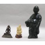 A hard stone figure, bronze buddha and one other tallest 26cm