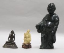 A hard stone figure, bronze buddha and one other tallest 26cm