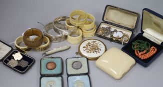 Two silver bangles, costume jewellery and miscellaneous items, including a Flora Danica Sterling 925