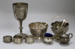 A silver presentation goblet and sundry silver items, including two circular pedestal bowls, one