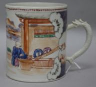 A Chinese large famille rose mug, Qianlong period, typically painted with Mandarin figures in a