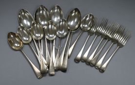 A late Victorian matched part service of silver Old English pattern flatware, initialled, comprising