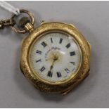 A 14K engraved gold and enamel ladies' pocket watch, on gilt metal chain