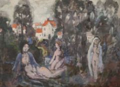 French School, oil on card, nudes in a landscape, a sketch of men around a table verso, indistinctly