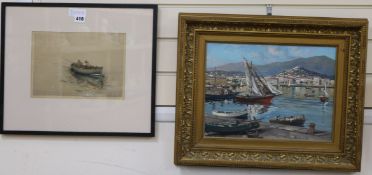 D. Galand Siremo, oil on canvas board, Mediterranean harbour scene, signed 28 x 38cm and a
