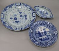 An 18th century Chinese blue and white dish and sauceboat, and three Staffordshire pottery printed