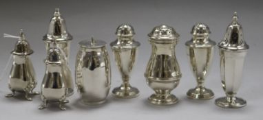 Three pairs of silver condiments including late Victorian and two other silver condiments, 10.5 oz.