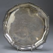 A presentation circular silver salver, with shaped gadrooned edge, inscribed, Sheffield 1891,