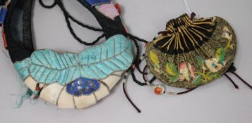 A Chinese purse with four ceramic floral beads with a silk headdress