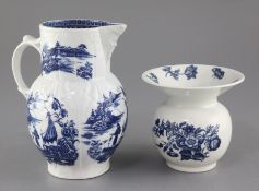 A Caughley blue and white floral spittoon, c.1780 and a Caughley fisherman and cormorant pattern