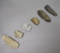 Six prehistoric flint axe heads, various, including one from Maizieres, France, L 14cm, one from