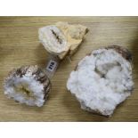 Three white quartz geodes, largest 18cm