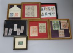 A small collection of framed decorative postage stamps, including 5 Queen Victoria lilac Fiscal/