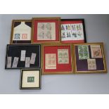 A small collection of framed decorative postage stamps, including 5 Queen Victoria lilac Fiscal/