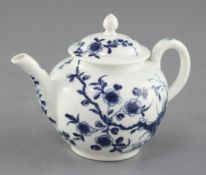 A rare Worcester Prunus Root pattern blue and white miniature teapot and cover, c.1760-5, open