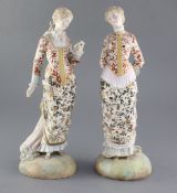 Two French painted biscuit porcelain figures of elegant ladies, late 19th century, on circular