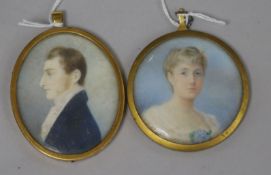 Two gilt-framed head and shoulder miniature portraits, watercolour on ivory, including a an oval