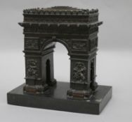 A French bronze model of the Arc de Triomphe, on slate plinth, 20 x 20cm (overall)