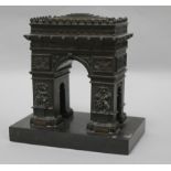 A French bronze model of the Arc de Triomphe, on slate plinth, 20 x 20cm (overall)