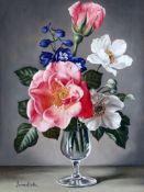 James Noble (1919-1989)oil on canvasPink, white and blue flowers in a glasssigned, Stacy Marks label