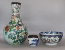 A Chinese famille rose bottle vase with metal mount (a.f), an Export bowl and a blue and white pot