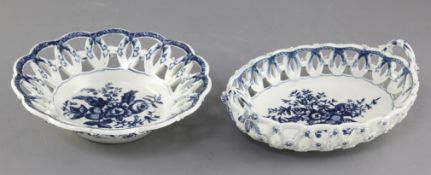 Two Worcester pine cone pattern blue and white baskets, c.1770-5, one of oval form, the other