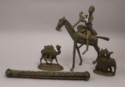 Two school of Art Jaipur models of an elephant and a camel, an African brass group and an Indian