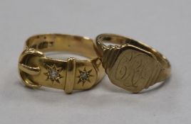 An 18ct gold and diamond gypsy-set 'belt' ring and a 9ct gold signet ring
