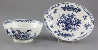 A Worcester Peony pattern blue and white bowl and a Worcester Rose-centred Spray Group blue and