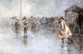 Lance Thackeray (1869-1916), watercolour, Fishermen on the wharf, signed and dated '98, 23 x 35cm.