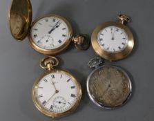 Two Waltham gold plated pocket watches, a Benson gold plated pocket watch and a chrome case pocket