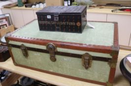 A canvas trunk and another box Trunk: W.91cm. x H.32cm. D.50cm