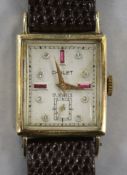 A lady's 14ct gold Chalet rectangular cased manual wind wrist watch.