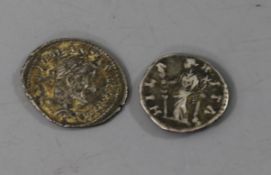 Two Roman Empire silver denarii, Faustina Junior Augusta, AD 147-175 AR Denarius, Hilaritus standing