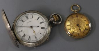 A Victorian silver hunter keyless pocket chronograph and a ladies' Swiss gold keywind pocket